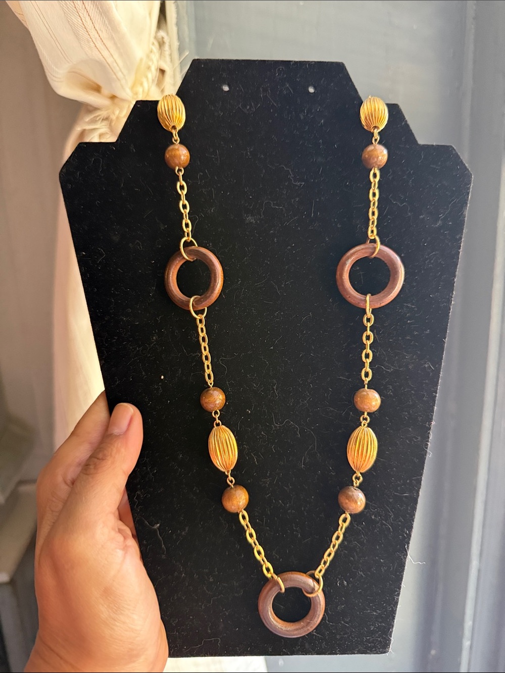 Joan Rivers Brown and Gold Wooden Ring Station Necklace